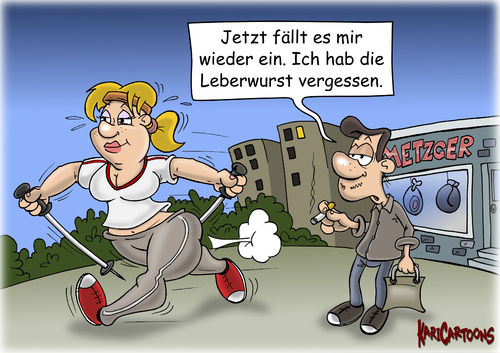 Cartoon: Leberwurst (medium) by karicartoons tagged abnehmen,diät,einfall,erinnern,boshaft,vergessen,erinnerung,engübergewichtig,figur,fitness,füllig,leberwurst,leggins,eng,beine,nordic,walking,sport,diät,einfall,boshaft,engübergewichtig,erinnerung,fitness