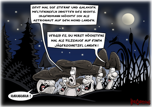 Cartoon: Pilzträume (medium) by karicartoons tagged astronaut,beruf,jägerschnitzel,nacht,nachthimmel,philosophie,pilze,pilzsauce,sterne,traum,träumer,vollmond,wald,waldpilze,astronaut,beruf,jägerschnitzel,nachthimmel,philosophie,pilze,pilzsauce,sterne,traum,träumer