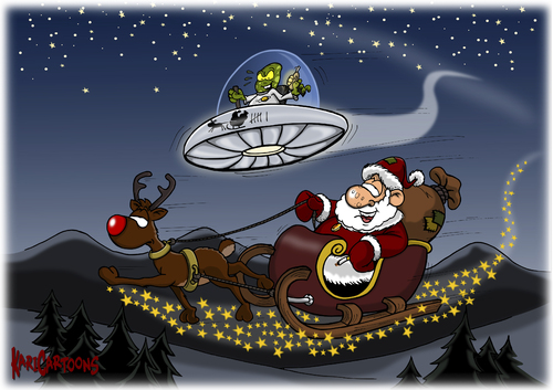 Cartoon: Santa Hunter (medium) by karicartoons tagged winter,weihnachtszeit,weihnachtsmann,weihnachten,ufo,schlitten,claus,santa,rentier,nikolaus,jagen,jagd,außerirdischer,advent,abschießen