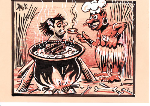 Cartoon: Cannibal lunch (medium) by Dluho tagged lunch,illustration,nahrung,essen,kannibalismus,kannibale,wilde,koch,kochen,gastro,gastronomie