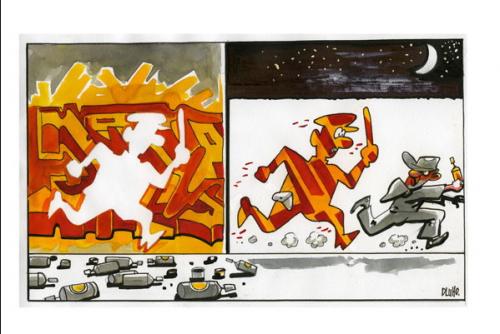 Cartoon: Graffiti (medium) by Dluho tagged graffiti,,graffiti,graffito,schmiererei,street art,lackfarbe,sprühdose,jugend,jugendkriminalität,sachzerstörung,vandalismus,polizei,strafverfolgung,sachbeschädigung,moralkonflikt,ghetto,slum,höhlenmalerei,öffentlicher raum,eding,hip hop,streetgang,ästhetizismus,stenciling,baumritzung,tagging,filzstift,kritzelei,klowandtext,adbusting,illegal,legal,mural,throwups,wandgestaltung,freifläche,schadenersatz,sprayer,sprayen,scheibenkratzen,kratzerei,scratching,street,art,öffentlicher,raum,hip,hop