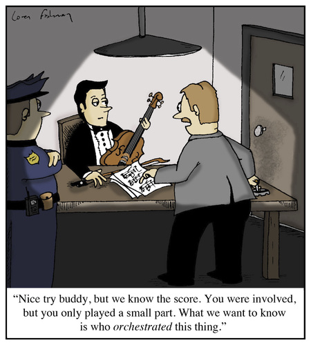 Cartoon: Who Orchestrated this Thing? (medium) by Humoresque tagged orchestra,orchestras,orchestration,orchestrator,orchestrated,symphony,symphonies,score,scores,mastermind,musician,musicians,interrogation,interrogations,cop,cops,police,detective,detectives,violin,violins,violinist,violinists,crime,crimes,criminals