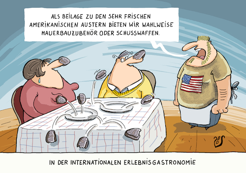 Cartoon: Austernzeit (medium) by Dodenhoff Cartoons tagged meeresfruechte,austern,amerikanisch,kellner,schusswaffen,usa,mauerbau,trump,gastronomie,erlebnisgastronomie,paar,mann,frau,schalentiere,essen,gehen,amerika,meeresfruechte,austern,amerikanisch,kellner,schusswaffen,usa,mauerbau,trump,gastronomie,erlebnisgastronomie,paar,mann,frau,schalentiere,essen,gehen,amerika