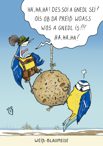 Cartoon: Meisenknödel (medium) by Dodenhoff Cartoons tagged weißblau,bayern,knödelexperte,knödelkönig,winterfütterung,trachtenhose,blaumeise,stundederwintervögel,artenschutz,artenvielfalt,standvögel,dialekt,winter,winterlandschaft,nordisch,norddeutschland,weißblau,bayern,knödelexperte,knödelkönig,winterfütterung,trachtenhose,blaumeise,stundederwintervögel,artenschutz,artenvielfalt,standvögel,dialekt,winter,winterlandschaft,nordisch,norddeutschland