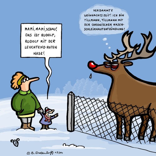 Cartoon: Schnupfen (medium) by Dodenhoff Cartoons tagged nasenschleimhautentzündung,erkältung,rudolf,rednose,kinder,weihnachten,dodenhoff,cartoons,mutter,zaun,geweih,rentiere,missverständniss,tierpark,landschaftspark,spaziergang,winter,schnee