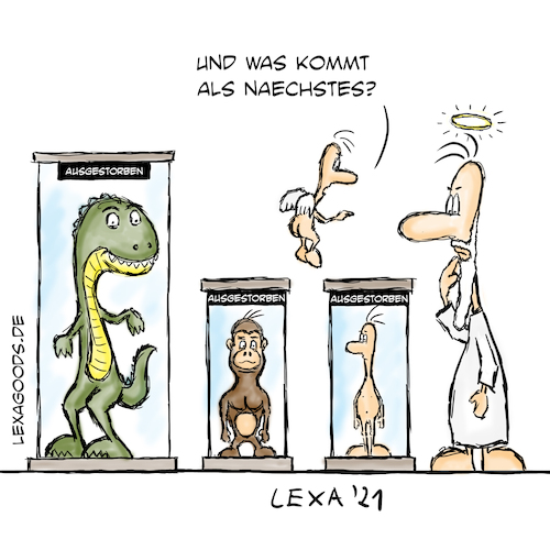 Cartoon: lexatoon Artensterben (medium) by lexatoons tagged lexatoon,gorilla,extinct,gott,engel,evolution,aussterben,menschen,dinosaurier,affe,lexatoon,gorilla,extinct,gott,engel,evolution,aussterben,menschen,dinosaurier,affe