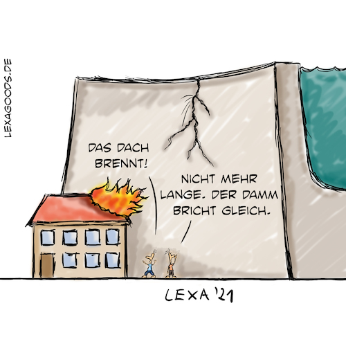 Cartoon: lexatoon Dammbruch (medium) by lexatoons tagged lexatoon,feuer,dach,wasser,damm,dammbruch,hochwasser,haus,lexatoon,feuer,dach,wasser,damm,dammbruch,hochwasser,haus