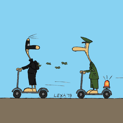 Cartoon: lexatoon E Roller (medium) by lexatoons tagged lexatoon,roller,verfolgungsjagd,bankraub,bankräuber,polizei,geld,lexatoon,roller,verfolgungsjagd,bankraub,bankräuber,polizei,geld