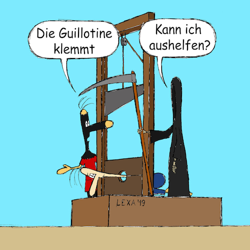 Cartoon: lexatoon Guillotine klemmt (medium) by lexatoons tagged lexatoon,guillotine,klemmt,hinrichtung,tod,schafott,defekt,sense,lexatoon,guillotine,klemmt,hinrichtung,tod,schafott,defekt,sense