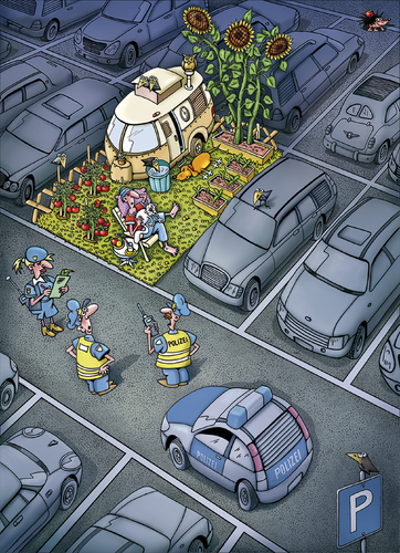 Cartoon: Ein ungewöhnlicher Garten (medium) by kurtu tagged parkplatz,kleingarten,polizei,stadt