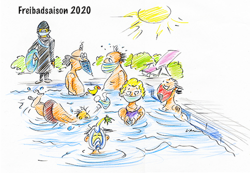 Cartoon: Freibadsaison 2020 (medium) by kugel2020 tagged sommer,corona,masken,maskenpflicht,2020,freibad,schwimmen,urlaub