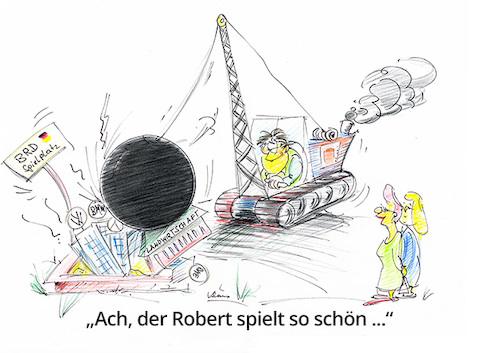 Cartoon: Robert Habeck spielt so gern (medium) by kugel2020 tagged habeck,robert,zivilgesellschaft,grüne,partei,radikal,wohlstand,hysterie,armut,zerstörung,dummheit,klima,abrissbirne,bmw,vw,rwe