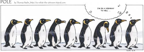 Cartoon: POLE Strip No.28 (medium) by Penguin_guy tagged penguins,pinguine,pets,tiere,rock,roll,acdc,,pinguine,tiere,vögel,natur,seetaucher,lernen,taucher,meer,kalt,antarktis,acdc,song,singen,rock,reihe,marschieren,marsch,gruppe,musik