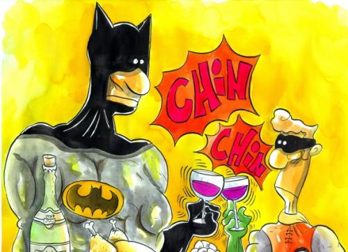 Cartoon: Batman y Robin brindando (medium) by Mario Almaraz tagged batibrindis,,batman,robin,anstoßen,superheld,comic,prost,cheers,alkohol,feiern,party,freizeit,amüsieren