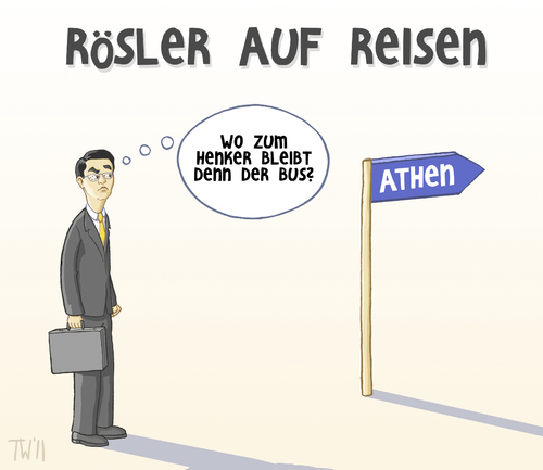 Cartoon: ... (medium) by Tobias Wieland tagged sparpläne,esfs,esm,reise,besuch,minister,euro,europa,fluglotsen,streik,troika,rösler,philipp,krise,athen,griechenland,griechenland,athen,philipp rösler,troika,streik,fluglotsen,philipp,rösler