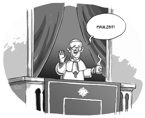 Cartoon: Der Papst am Mittag (medium) by Tobias Wieland tagged papst,franziskus,vatikan,buona,notte,gute,nacht,morgen,kaffee,jorge,mario,bergoglio,konklave,wahl,südamerika