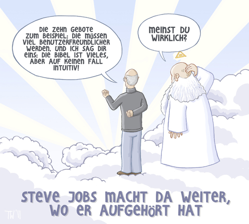 Cartoon: Jobs in heaven (medium) by Tobias Wieland tagged mac,trauer,gestorben,apple,krebs,tot,tod,jobs,steve,steve jobs,tod,trauer,apple,iphone,mac,konzern,krebs,krankheit,visionär,chef,steve,jobs