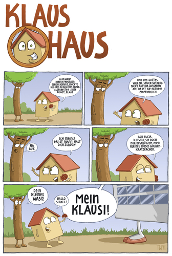 Cartoon: Klaus Haus (medium) by Tobias Wieland tagged haus,baum,date,freundin,beziehung,liebe,rendezvous,blumen,treffen,park,paar,comic,strip,haus,wohnen,tier,haustier,baum,park