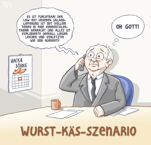 Cartoon: Schicksalsschlag (medium) by Tobias Wieland tagged wurst,käse,wortspiel,kalauer,worst,case,szenario,unfall,fleisch,wurst,käse,wortspiel,kalauer,worst case szenario,unfall,fleisch,worst,case,szenario