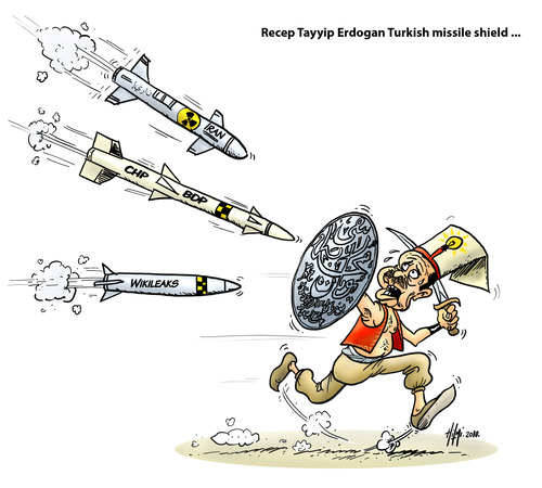Cartoon: Turkish missile shield (medium) by Hilmi Simsek tagged recep,tayyip,erdogan,turkish,missile,shield,wikileaks,iran,chp,bdp,hilmi,simsek,ottoman,yeniceri