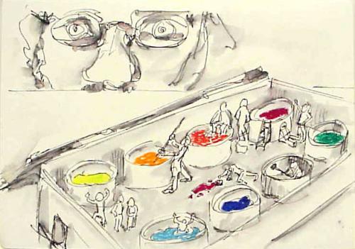 Cartoon: painting factory (medium) by daPinsli tagged gouache,factory,selfportrait,