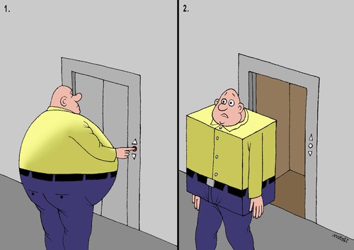 Cartoon: before and after... (medium) by Medi Belortaja tagged humor,obesity,obese,ascensor