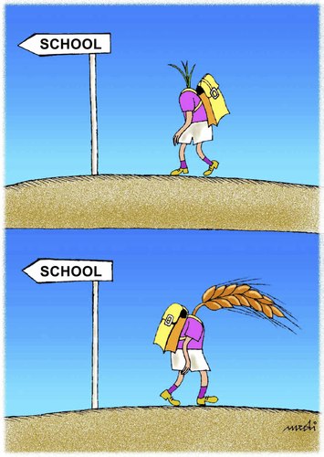Cartoon: begining and after school (medium) by Medi Belortaja tagged children,cob,corn,education,school