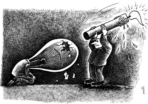 Cartoon: bulb and candle (medium) by Medi Belortaja tagged head,candle,bulb,kill,hate,hatred,man,men,light,beat,crash