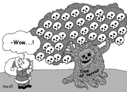 Cartoon: christmas surprise (medium) by Medi Belortaja tagged gifts,natale,babo,killed,surprise,christmas,people,skulls,tree