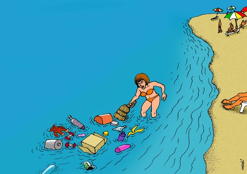 Cartoon: cleaning the sea (medium) by Medi Belortaja tagged ecology,environment,sea,clean,cleaning,beach,pollution