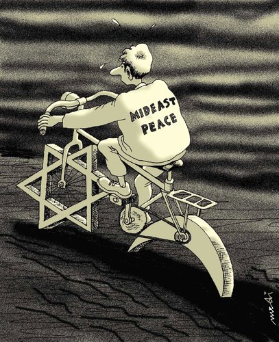 Cartoon: middle east bicycle (medium) by Medi Belortaja tagged symbols,palestine,israel,conflict,bicycle,east,middle