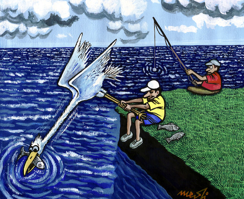 Cartoon: fishing (medium) by Medi Belortaja tagged fishing,fisherman,fish,bird