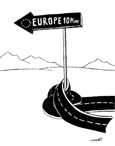 Cartoon: Europe 10km (medium) by Medi Belortaja tagged highway,immigration,sign,direction,road,europe