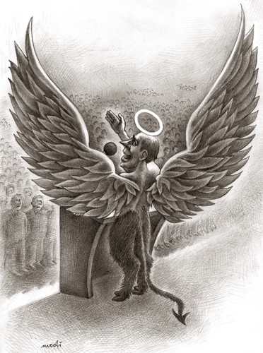 Cartoon: fifty fifty (medium) by Medi Belortaja tagged angel,devil,politician,elections,speech,people,fifty