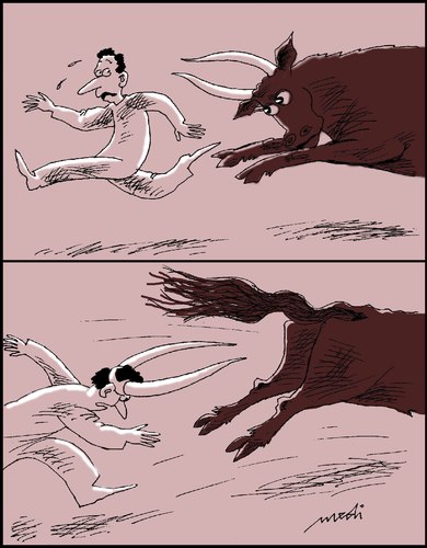 Cartoon: humor (medium) by Medi Belortaja tagged threat,horns,bull,toro,humor