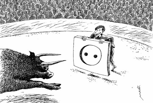 Cartoon: match in arena (medium) by Medi Belortaja tagged humor,arena,horns,bull,match,toreador,toro