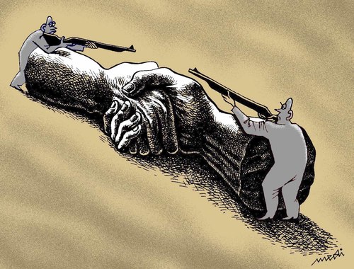 Cartoon: war and peace (medium) by Medi Belortaja tagged politics,compliance,handshake,kill,conflict,guns,war,peace
