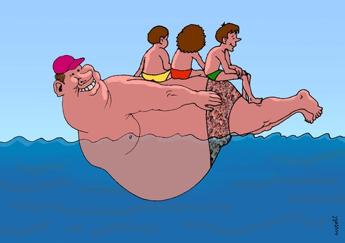 Cartoon: obese father at sea (medium) by Medi Belortaja tagged humor,swimming,hollidays,boat,sea,father,kids,obesity,obese