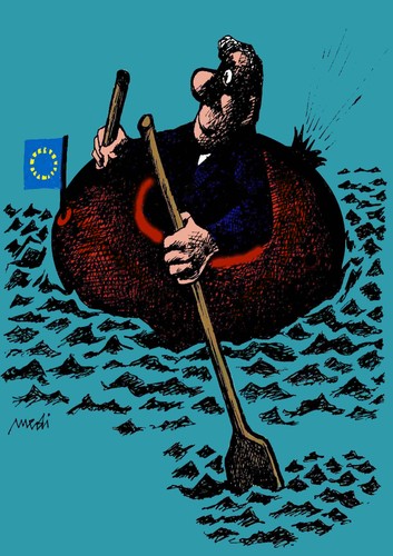 Cartoon: The desperate drive (medium) by Medi Belortaja tagged europe,eu,boat,submersion,crisis,flag