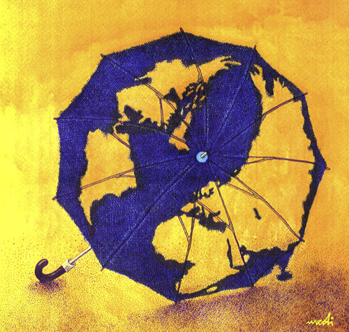 Cartoon: world umbrella (medium) by Medi Belortaja tagged disasters,natural,umbrella,globe,eart,world,ecological,destruction