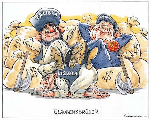 Cartoon: Brothers at Faith (medium) by Riemann tagged taliban,china,uiguren,uyghurs,islam,unterdrückung,oppression,religion,kommunismus,muslims,brüder,glauben,business,geld,money,xi,cartoon,george,riemann,taliban,china,uiguren,uyghurs,islam,unterdrückung,oppression,religion,kommunismus,muslims,brüder,glauben,business,geld,money,xi,cartoon,george,riemann