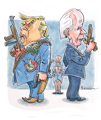 Cartoon: Das Duell (medium) by Riemann tagged joe,biden,donald,trump,usa,elections,wahlkampf,2024,duell,demokraten,republikaner,unfair,fake,news,lies,criminal,endangered,democracy,cartoon,caricature,george,riemann,joe,biden,donald,trump,usa,elections,wahlkampf,2024,duell,demokraten,republikaner,unfair,fake,news,lies,criminal,endangered,democracy,cartoon,caricature,george,riemann