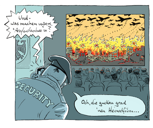 Cartoon: Heimatfilm (medium) by Riemann tagged asyl,heimat,syrien,ukraine,palaestina,krieg,fluechtlinge,gaza,deutschland,hilfe,wohlstand,afd,politik,cartoon,george,riemann,asyl,heimat,syrien,ukraine,palaestina,krieg,fluechtlinge,gaza,deutschland,hilfe,wohlstand,afd,politik,cartoon,george,riemann