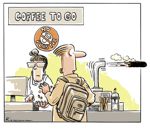 Cartoon: No Plastic (medium) by Riemann tagged coffee,to,go,no,plastic,cups,environment,umwelt,waste,garbage,müll,fast,food,verpackung,plastikbecher,cartoon,george,riemann,coffee,to,go,no,plastic,cups,environment,umwelt,waste,garbage,müll,fast,food,verpackung,plastikbecher,cartoon,george,riemann