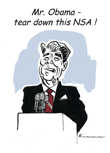 Cartoon: Ronald Reagan (medium) by Riemann tagged prism,freedom,democracy,gorbatchow,wall,berlin,reagan,eu,snowden,edward,usa,obama,nsa,spy,spion,abhören,saten,somputer,skandal,nsa,obama,usa,snowden,eu,reagan,berlin,wall,gorbatchov,democracy,freedom,prism