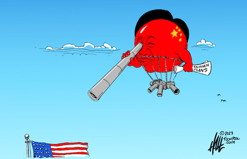 Cartoon: Big Peep (medium) by halltoons tagged china,spy,balloon,xi,america,china,spy,balloon,xi,america,amerika,flagge,roter ballon,fernrohr,roter,ballon