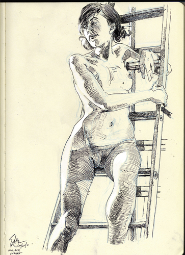 Cartoon: Model on a Ladder (medium) by halltoons tagged drawing,sketch,female,model,pen,ink