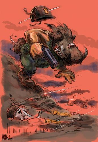 Cartoon: Sgt. Warthog storms the hill (medium) by halltoons tagged military,warthog,pig,war