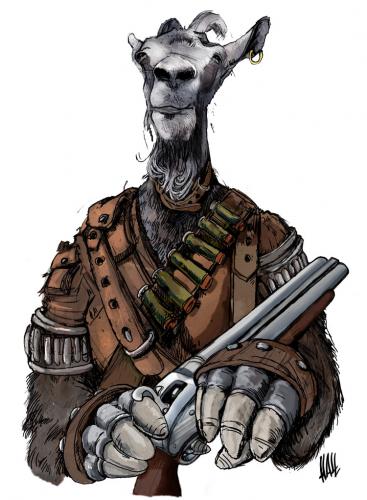 Cartoon: The Noble Goat Warrior (medium) by halltoons tagged science,fiction,animals,goats,guns,battle,warrior,comic