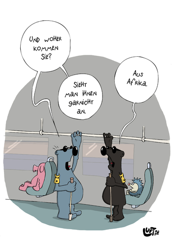 Cartoon: Aus Afrika (medium) by luftzone tagged cartoonalarm,cartoon,thomas,luft,luftzone,humor,comic,spaß,lustig,freude,lachen,comedy,lacher,brüller,zeichnung,sprechblase,karikatur,maulwurf,blindgänger,afrika,braun,farbig,schwarz,strassenbahn,bus,verkehrsmittel,igel,schwein,sonnenbrille,blindenstock,lustig,freude,lachen,spaß,brüller,lacher,zeichnung,sprechblase